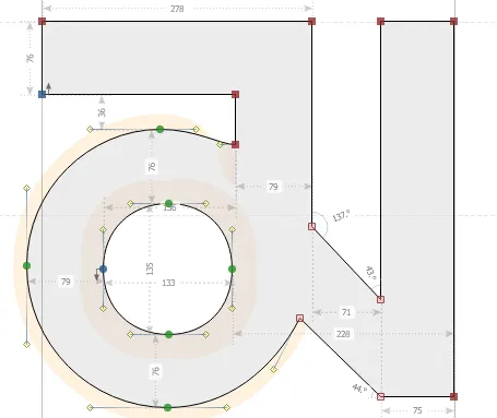 Glyph construction — bezier curves and measurements for a Tibetan character in type design software